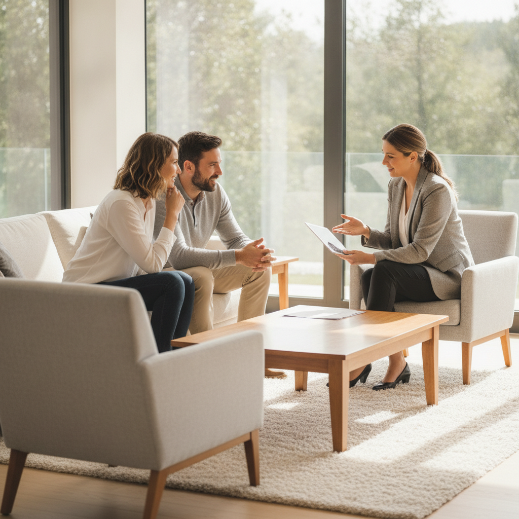 Home valuation consult in Brampton: couple meeting a realtor in a bright living room to discuss pricing strategy and market timing