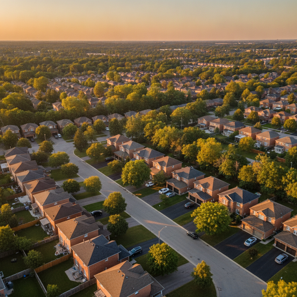 Wide aerial view of Brampton Ontario neighborhood streets and detached homes at golden hour, illustrating local real estate market context