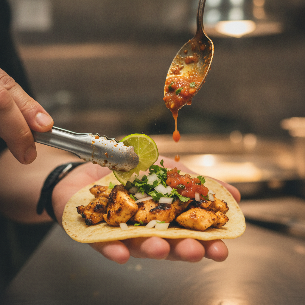 Close-up of assembling a Mexican catering taco with grilled chicken, fresh cilantro, diced onions, and salsa on a warm tortilla