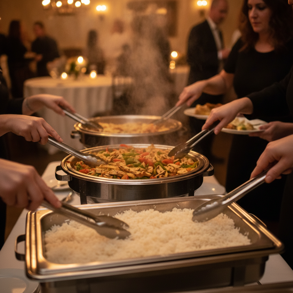 Side-angle scene of Mexican catering trays in stainless chafers set on a buffet table with steaming fajitas and rice at an indoor event
