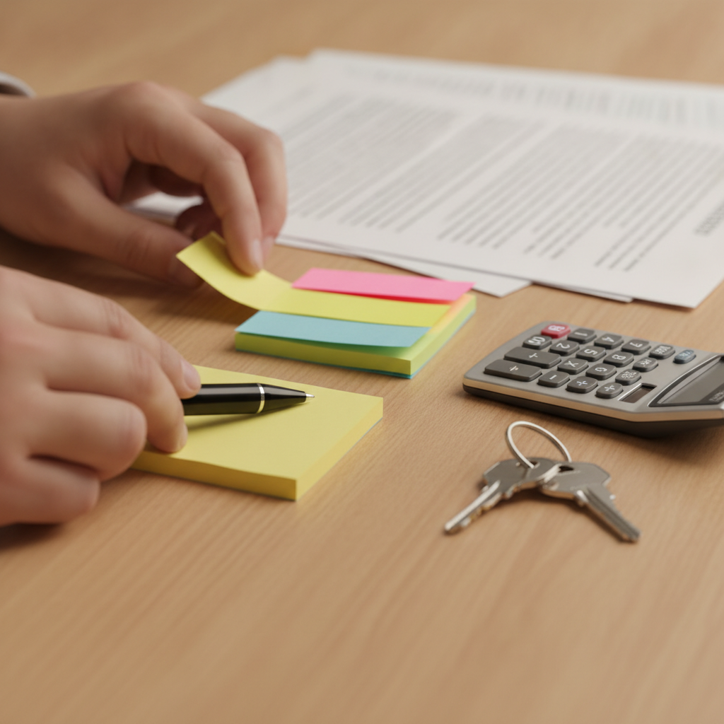 Close-up of home offer negotiation tools: keys, calculator, and planning notes used by a GTA real estate agent