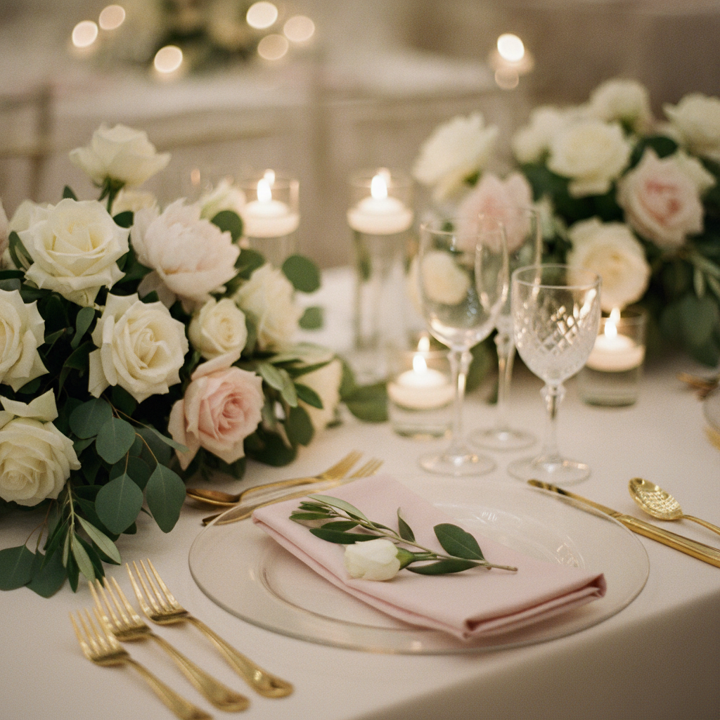 Detail table setting for wedding room reveal with blush florals, candles, crystal glassware, and gold flatware in a modern GTA reception