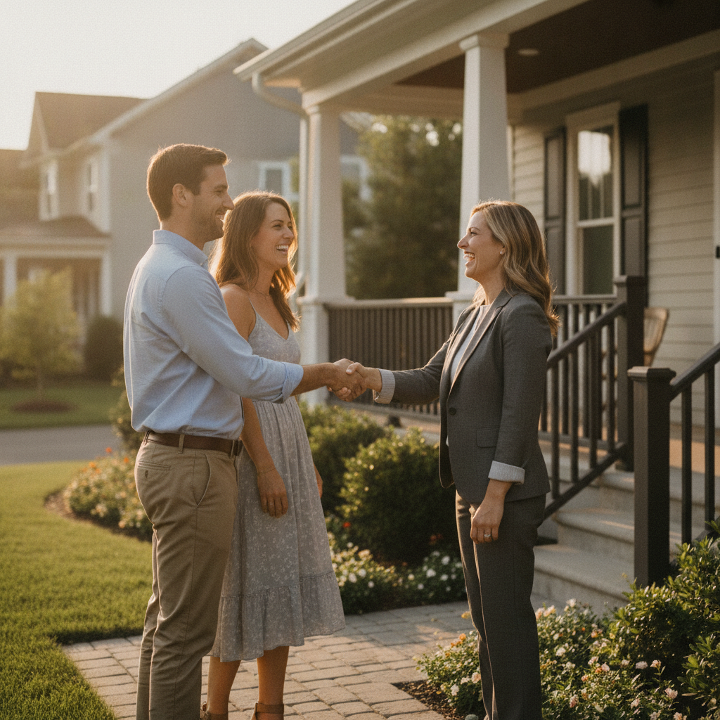 Realtor and buyers sealing a negotiated home offer with a handshake on a sunny front porch in Cambridge