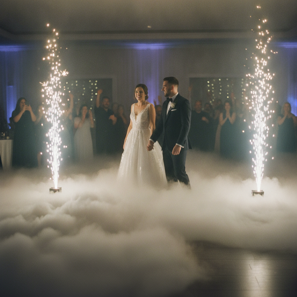 Couple entering wedding reception to a room reveal with dry ice clouds and safe cold spark fountains timed to music