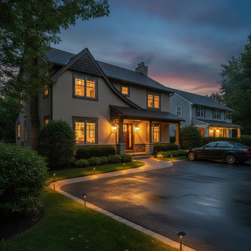 Smart lighting for home exterior at dusk with path lights and porch sconces turning on automatically in a Brampton neighborhood