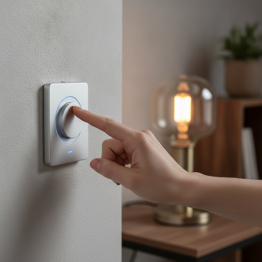 Close-up of a smart dimmer switch adjusting an LED lamp to demonstrate how smart lighting dimming works in a modern home