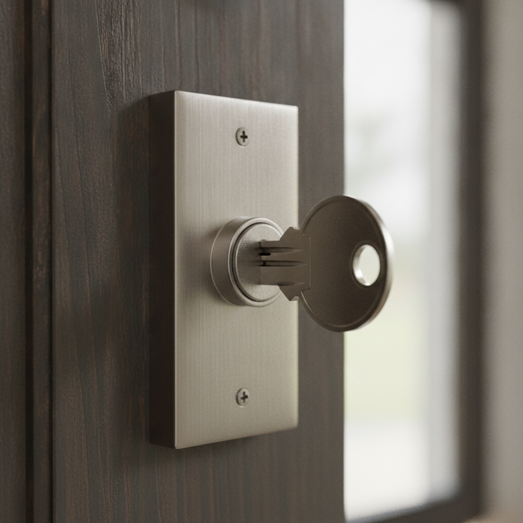 Detail shot of a new home’s brushed nickel door handle and key, symbolizing due diligence for foreclosure homes in Edmonton