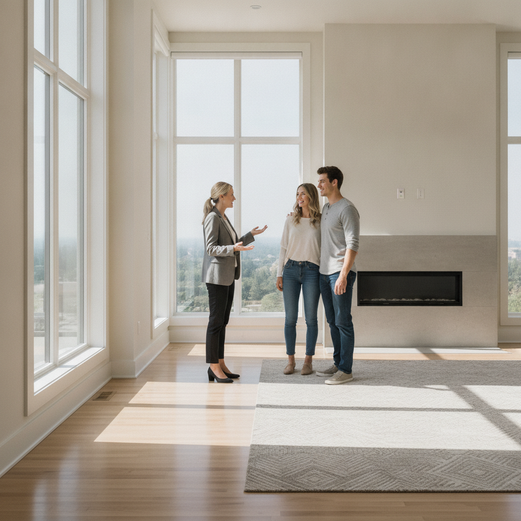 Agent showing a bright living room to buyers, illustrating walkthroughs common with foreclosure homes in Edmonton