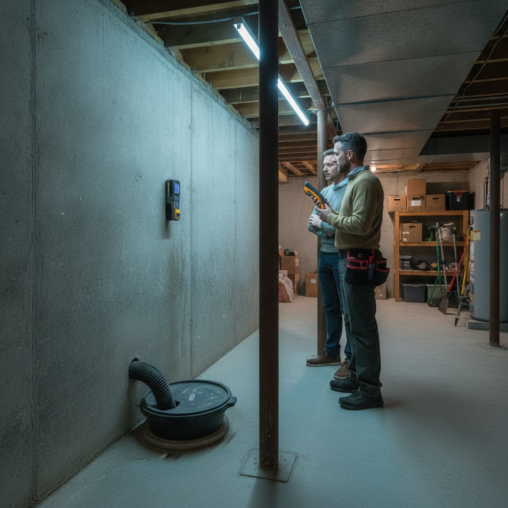 Inspector using a moisture meter on a basement wall during a foundation inspection, with sump pit and support posts in view