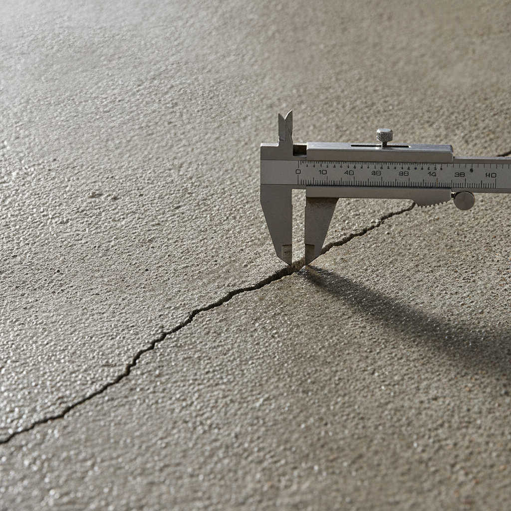 Close-up of a hairline concrete foundation crack measured during a home inspection, showing moisture sheen and texture details
