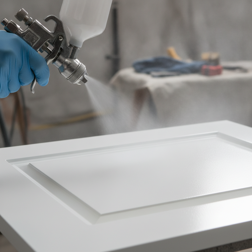 Close-up HVLP spray gun applying a smooth fan pattern while spraying kitchen cabinet doors for a factory-quality finish