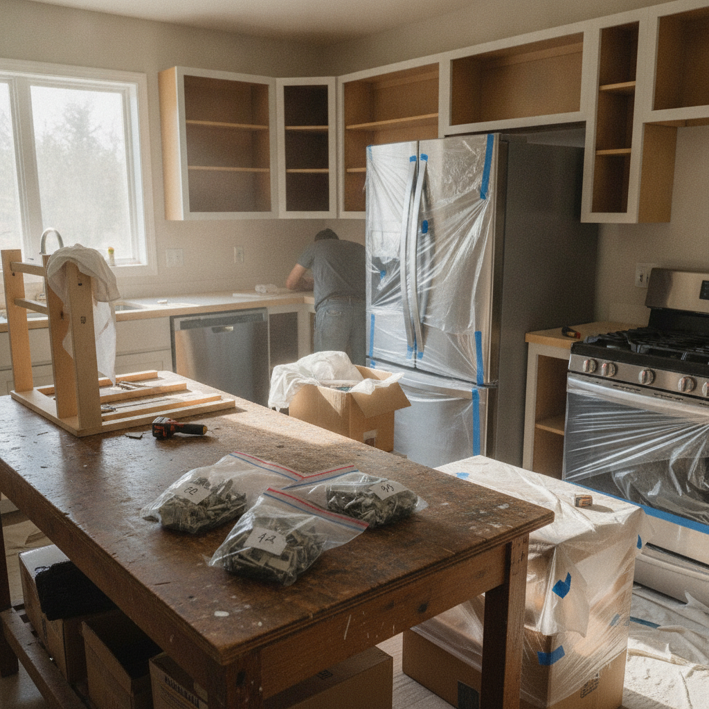 Kitchen staged for spraying cabinet doors with doors removed, hardware bagged, masking plastic and racks prepared for transport