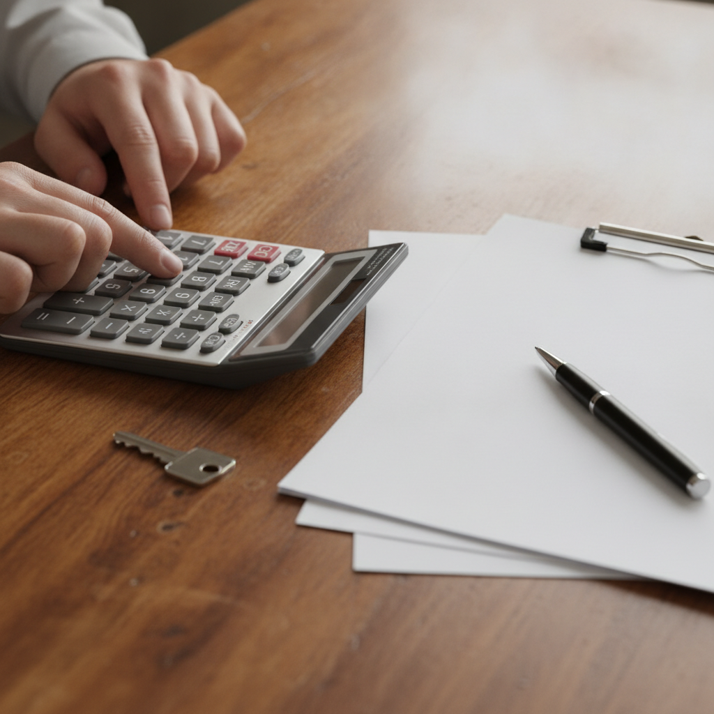 Hands calculating mortgage repayments beside house keys and loan paperwork, illustrating how to compare the best home loan mortgage rates