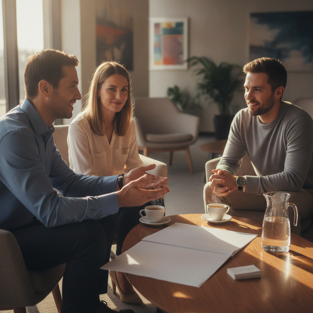Mortgage broker discussing options with clients in a modern lounge, representing broker support to secure a sharp home loan rate