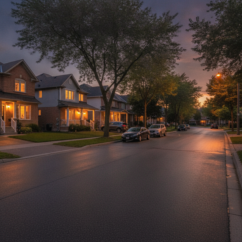 Mississauga neighborhood street scene at dusk showing detached homes for Ontario home buyers