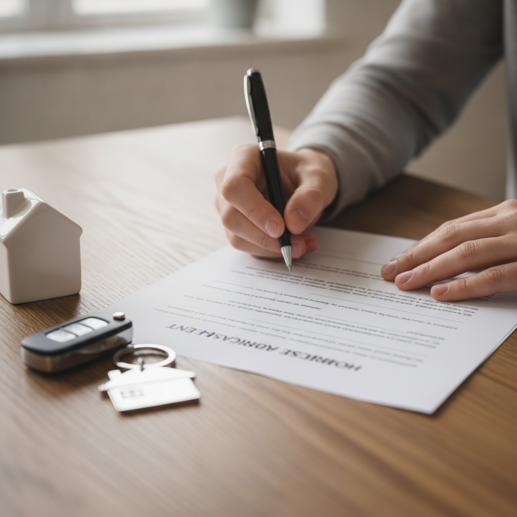 Buying a house in Ontario paperwork close-up, signing agreement with house keys and contract details