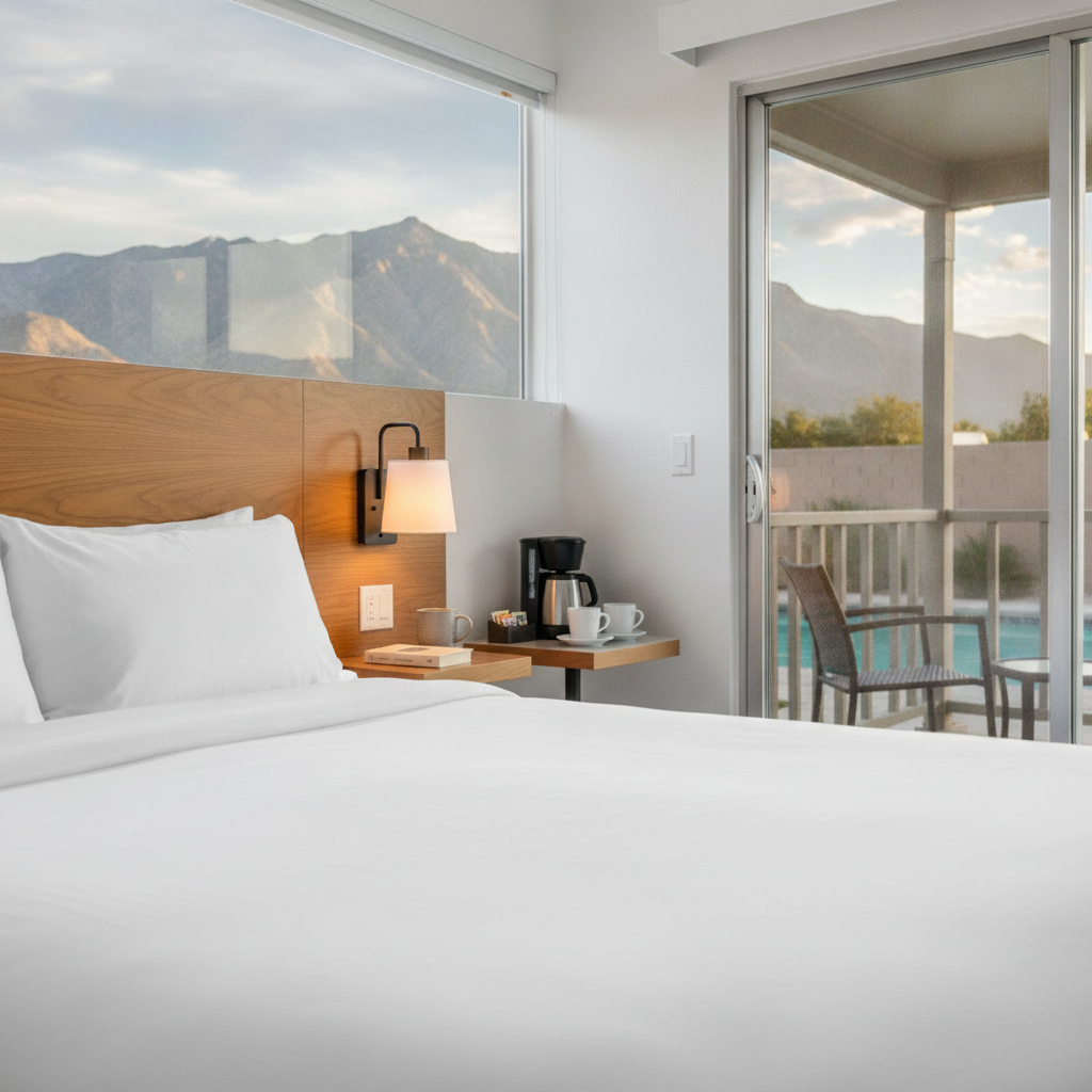Renovated North Conway motel room with mountain view, ideal hotels & lodging amenities for comfortable sleep and morning routines