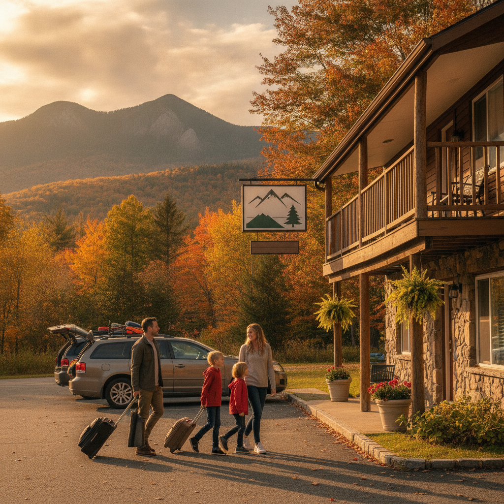 Family arriving at a North Conway motel on Main Street with convenient parking, perfect base for hotels & lodging near White Mountains attractions
