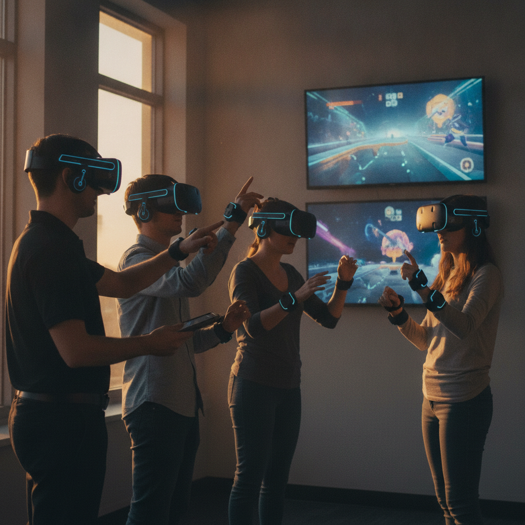 Small group tackling a VR escape room at a virtual reality arcade, with a staff attendant assisting and TVs showing the action