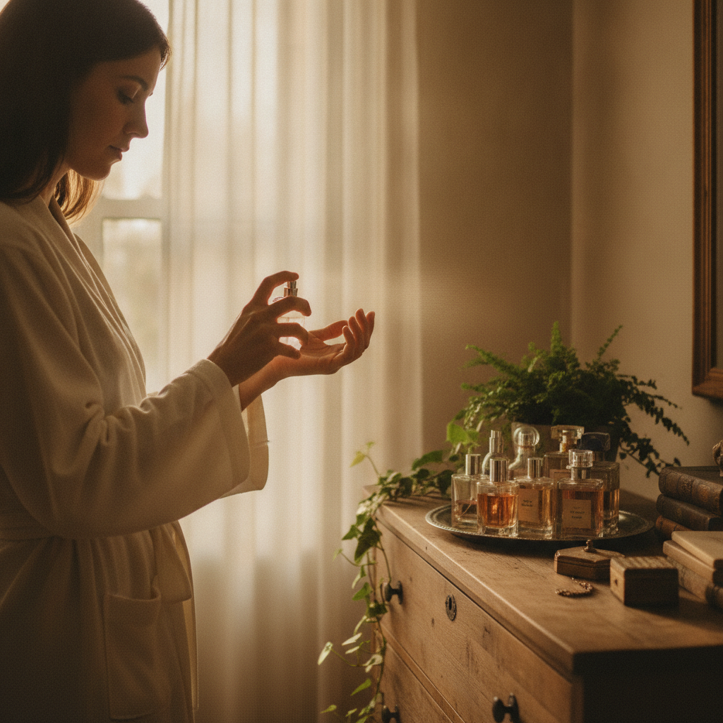 Lifestyle scene of applying a long lasting perfume to wrist pulse points in soft morning light for better diffusion and sillage