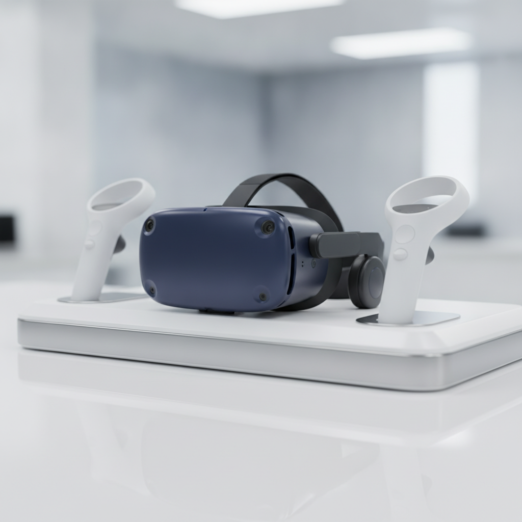 Close-up of HTC Vive Pro style VR headset and motion controllers at a virtual reality arcade party, showcasing room-scale VR hardware