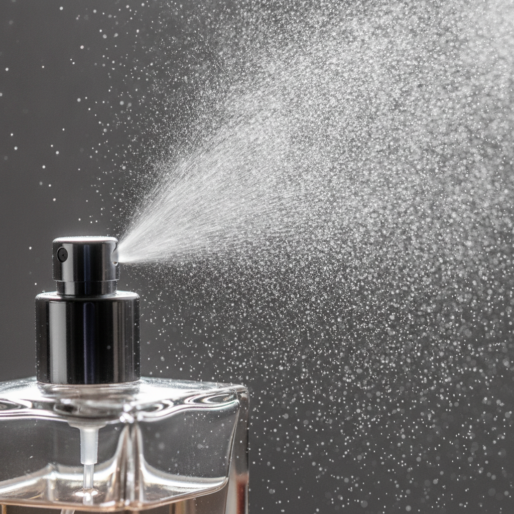 Macro shot of a perfume atomizer releasing a fine mist to illustrate long lasting perfume projection and application technique