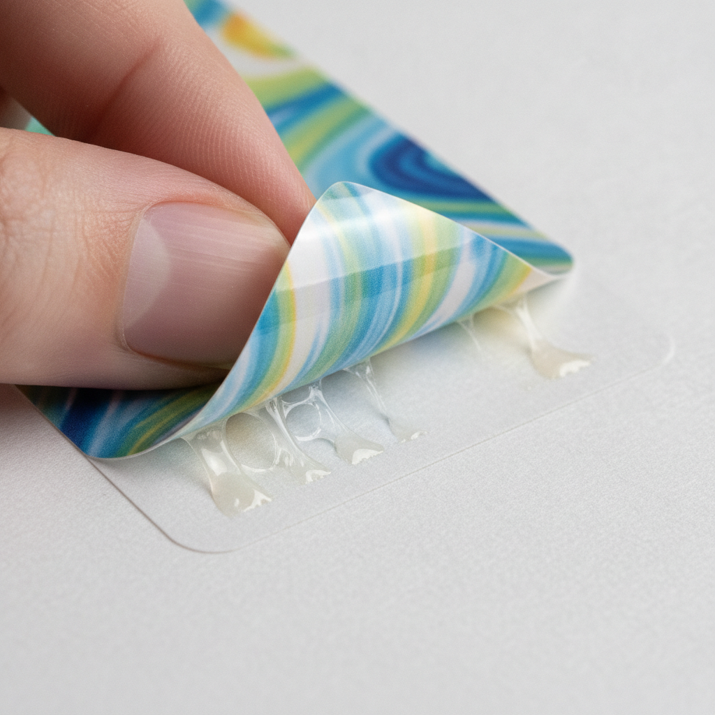 Close-up of vinyl sticker layers showing laminate, printed vinyl, adhesive, and liner for sticker printing price factors