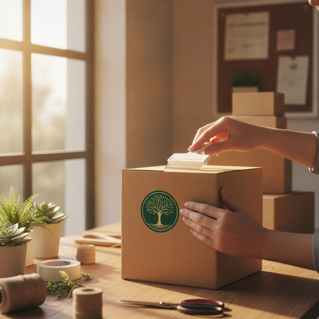 Applying a custom brand sticker to packaging in a small business setting near Mississauga