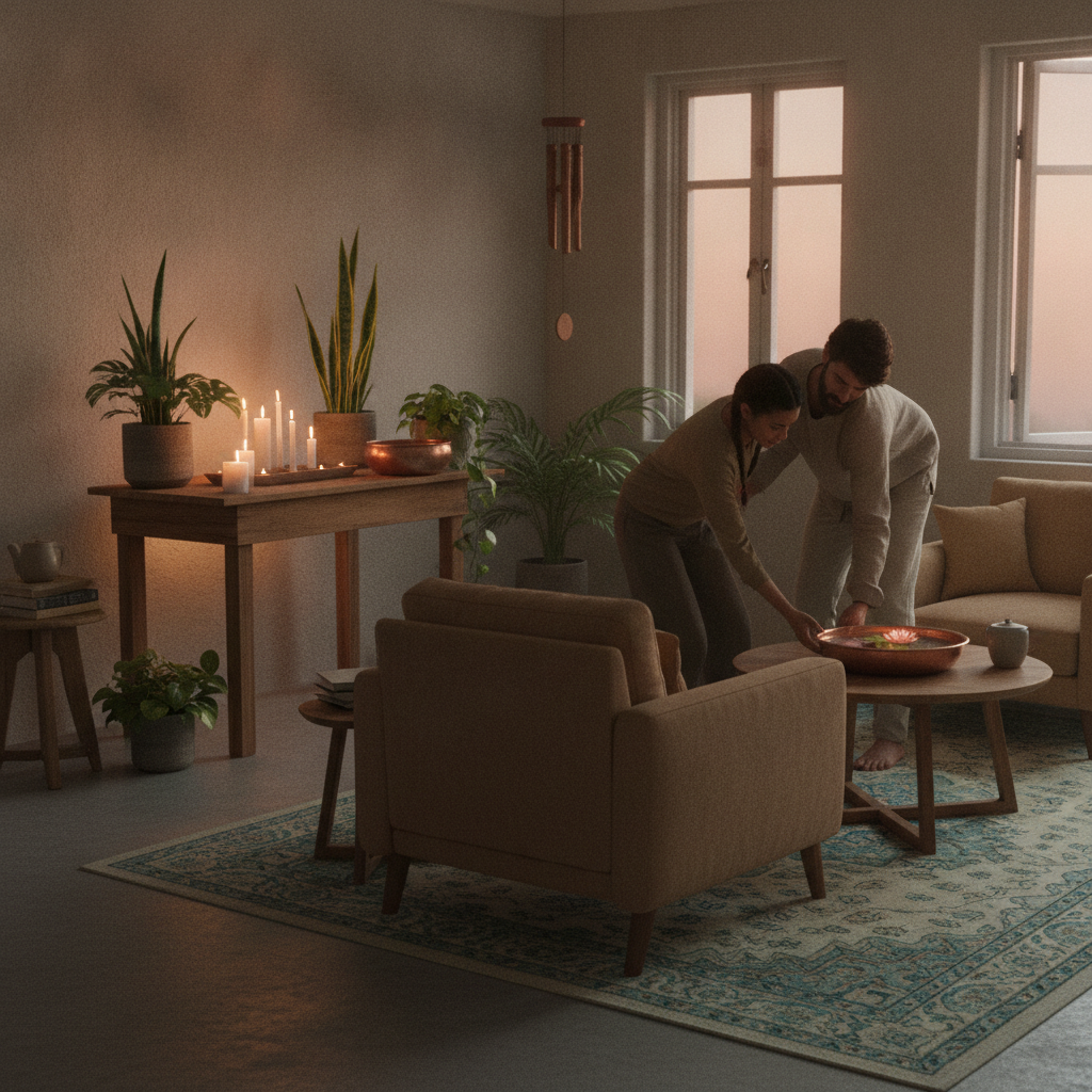 Balanced Vaastu living room scene supporting calm conversations for couples