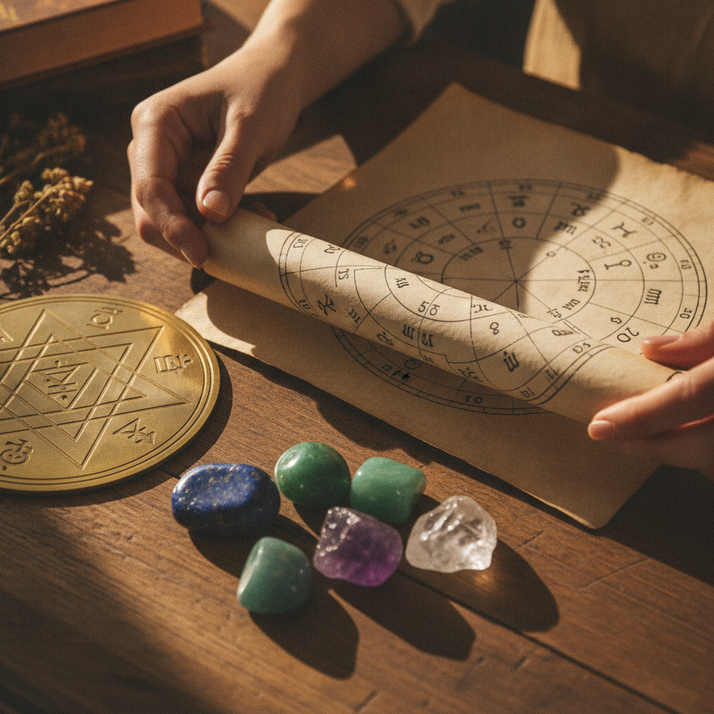 Close-up of natal chart review with gemstones and yantra during marriage astrology consultation
