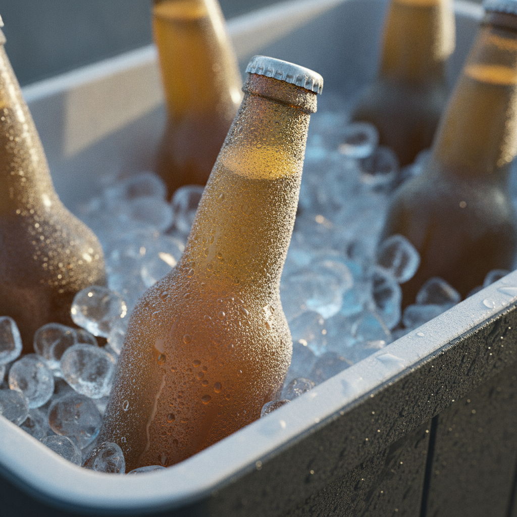 Close-up of chilled craft beer bottles on ice for fast beer delivery in Calgary