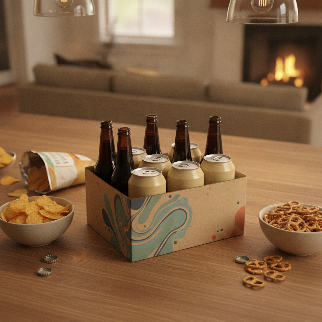Variety pack of craft beer with snacks on a kitchen island ready for Calgary delivery