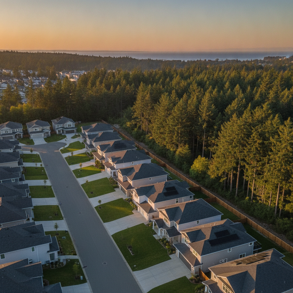 Drone real estate photography of British Columbia suburban neighborhood with evergreen trees at golden hour