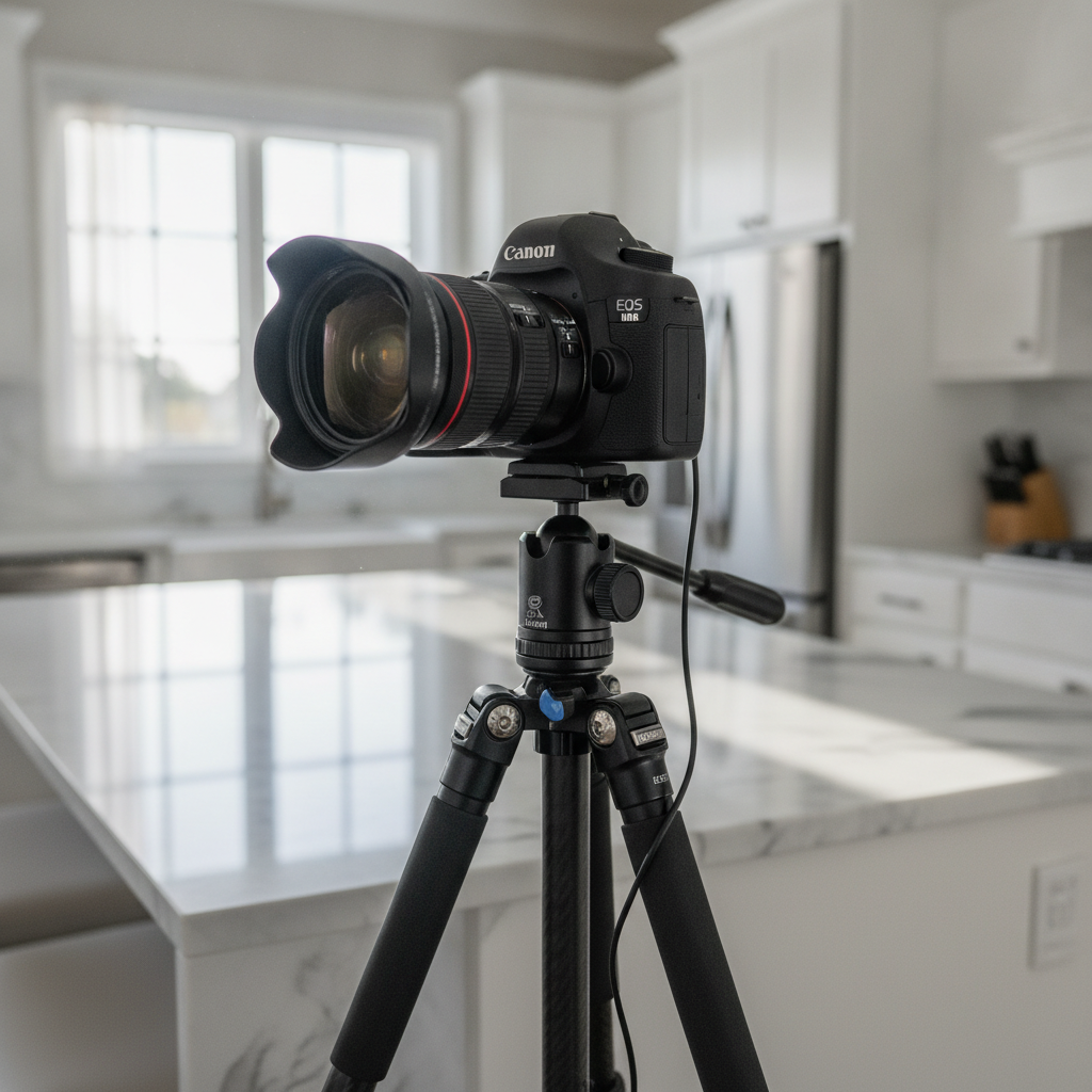 DSLR on tripod capturing HDR real estate photography in a bright kitchen for a real estate media company