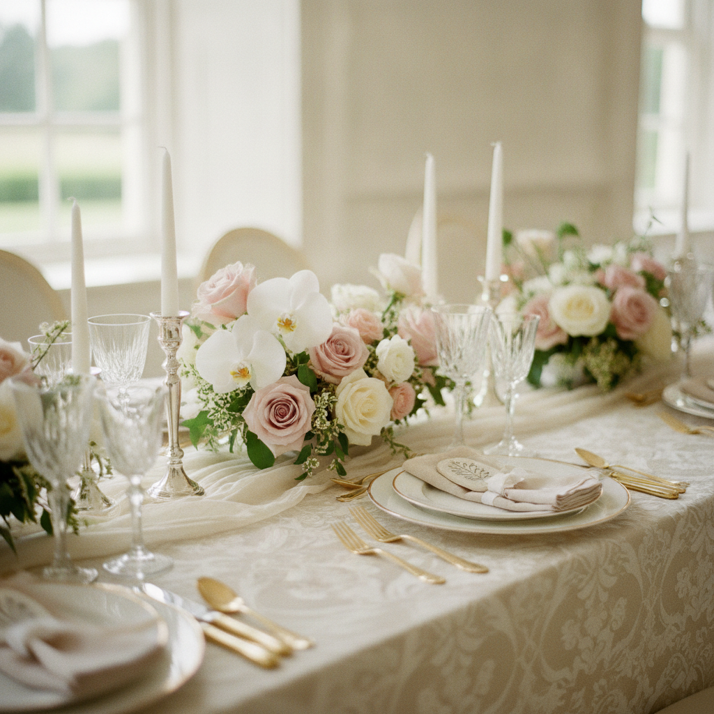 Refined wedding tablescape in London with floral decor, crystal glassware, and tapered candles styled by a wedding planner in London