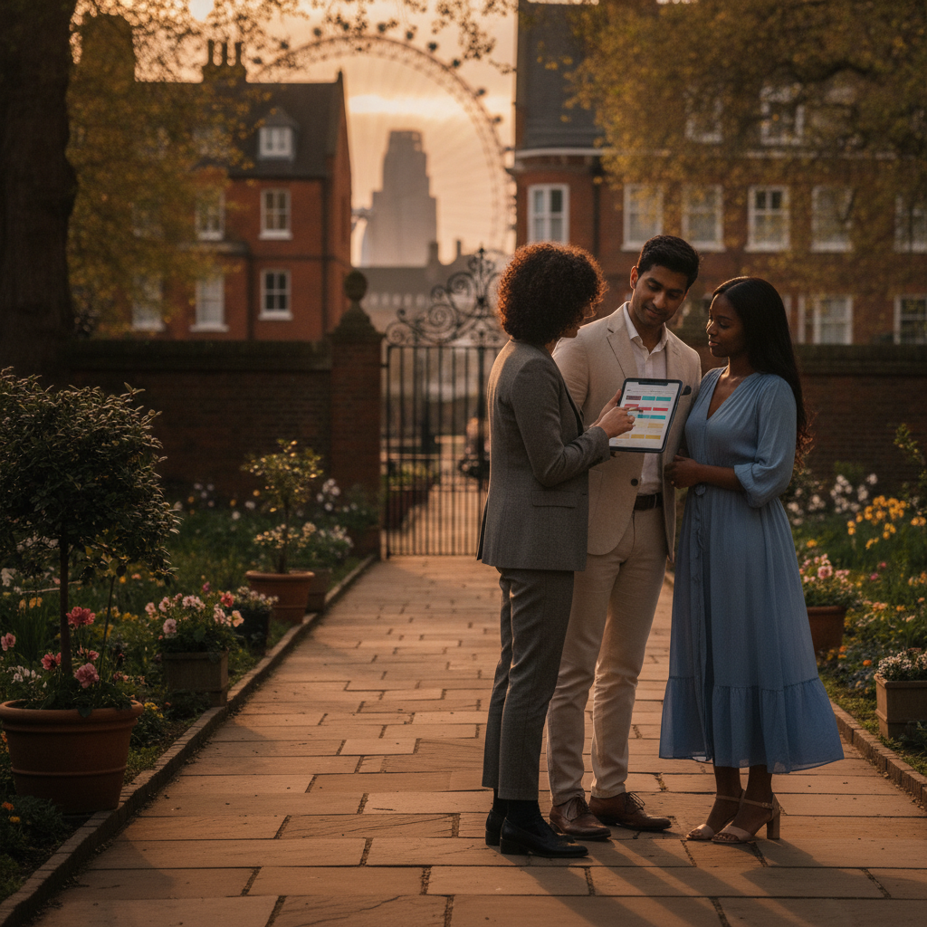 London wedding planner meeting a couple outdoors reviewing the day-of timeline on a tablet in Greater London