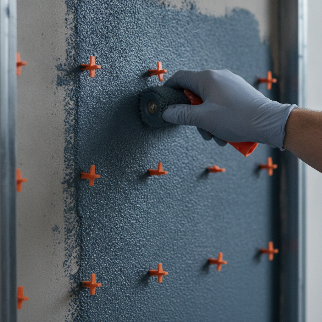 Close-up of shower waterproofing membrane application during bathroom renovation with roller and cement board, demonstrating best practices for waterproofing bathrooms