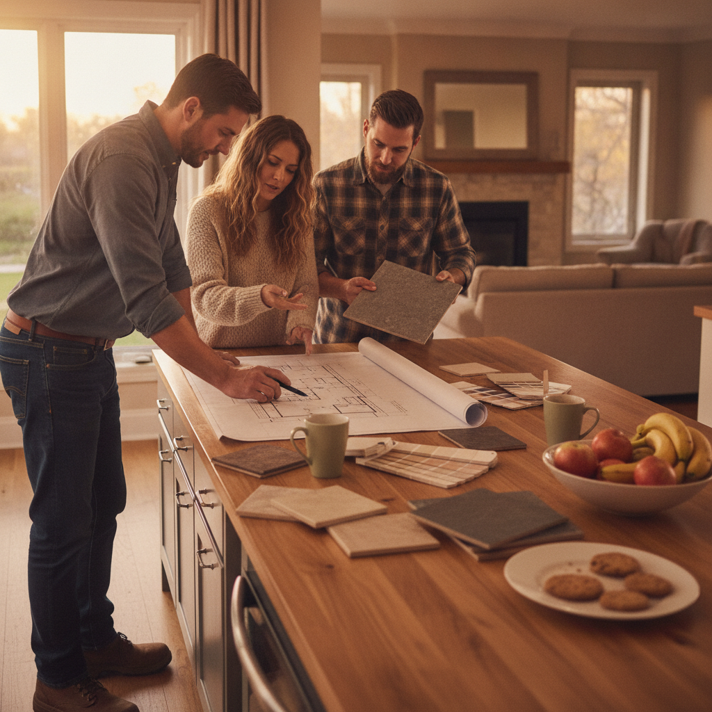 Homeowners and contractor reviewing renovation floor plans and material samples at a kitchen island during preconstruction planning meeting