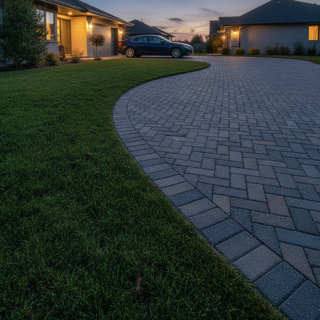 Finished interlocking paver driveway extension beside new sod in Mississauga L4Z at twilight with precise edging and drainage slope