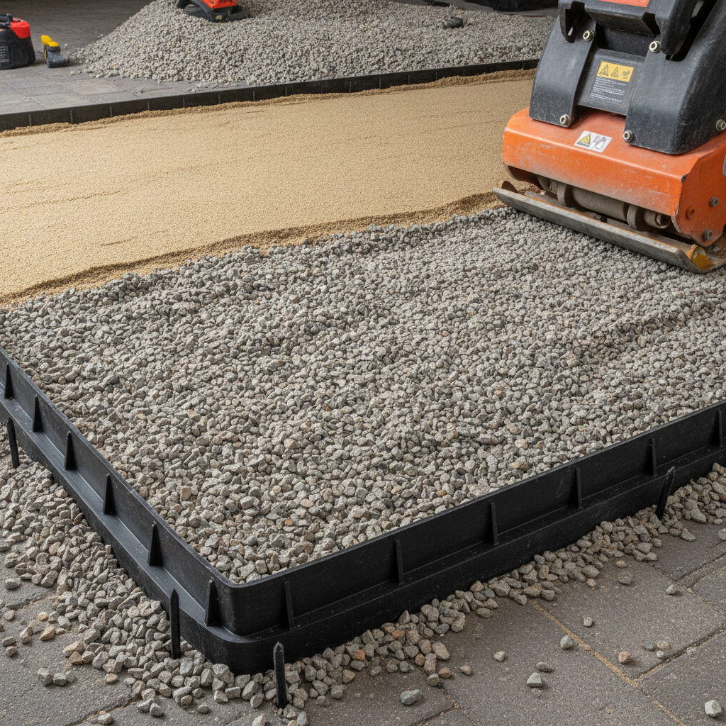 Detail of interlocking driveway extension base layers in Mississauga L4Z showing compacted gravel, bedding sand, and edge restraint for durability