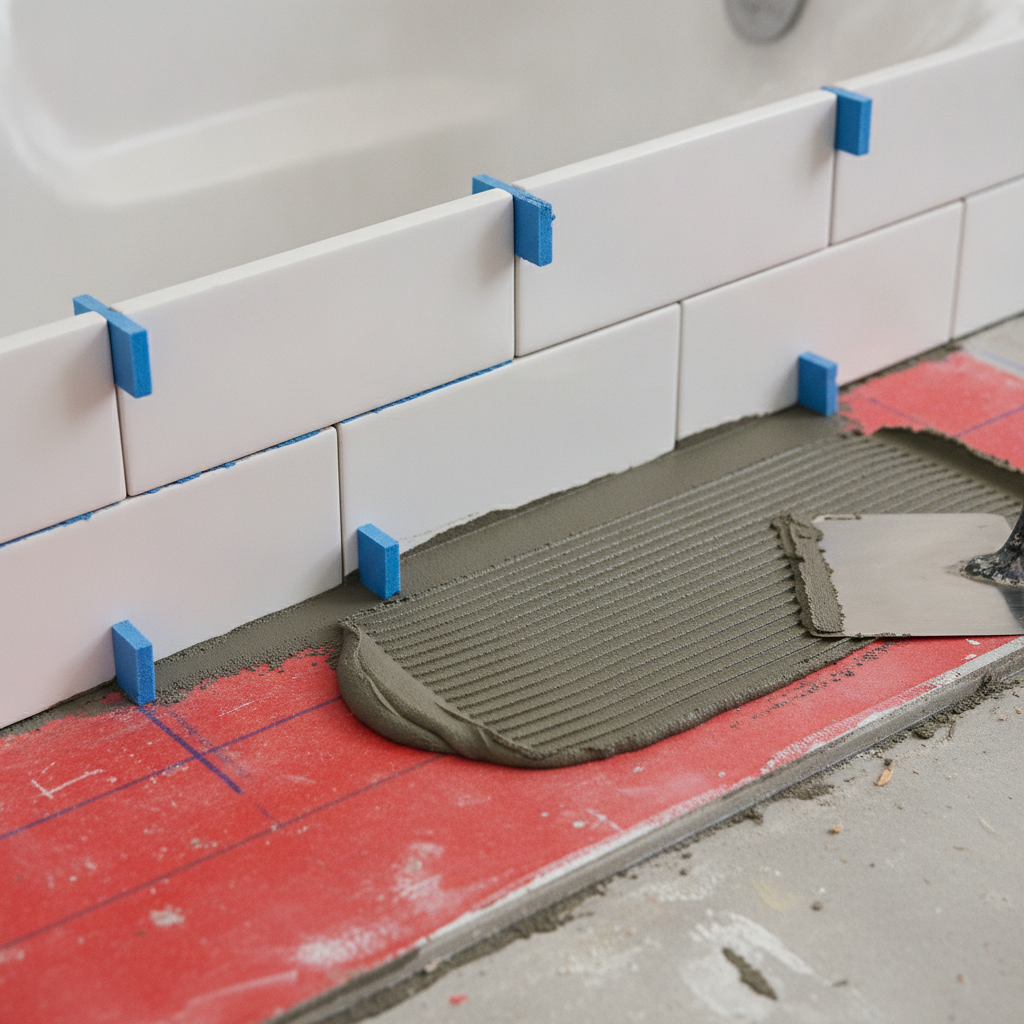 Close-up tile installation around a tub with spacers, waterproofing membrane, and thin-set being combed; best practices for tile installation for apartment bathrooms in London, ON
