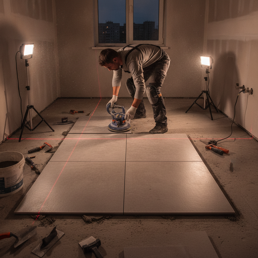 Installer setting large-format porcelain floor tiles with a laser level in a compact apartment bathroom; professional tile installation for apartment bathrooms