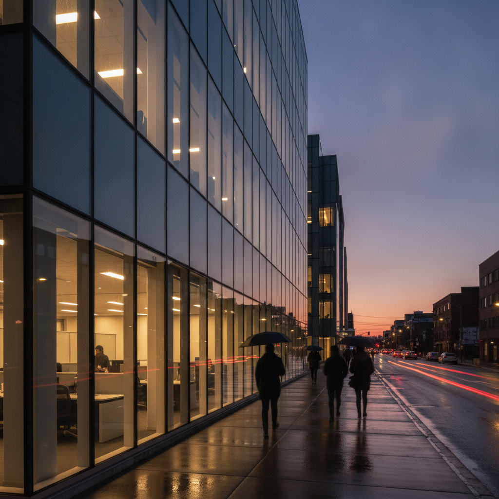 Evening street scene outside a professional Brampton immigration law office serving federal immigration clients