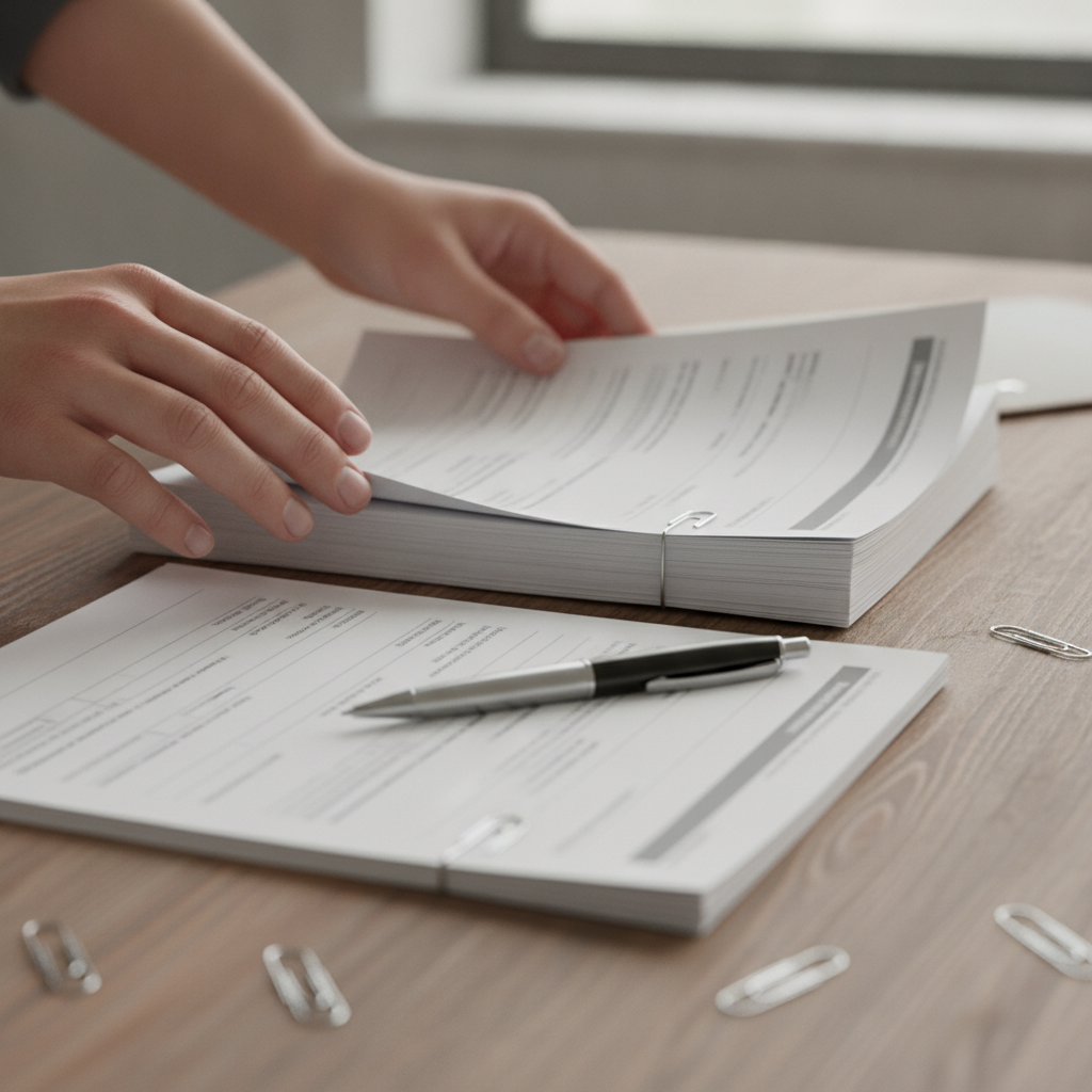 Close-up detail of organized federal immigration paperwork and supporting documents prepared for a Canada application