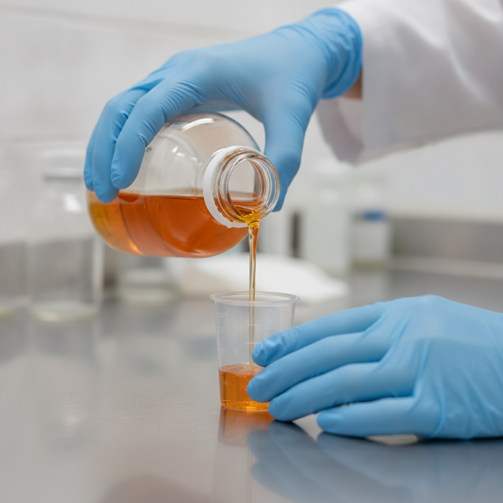 Close-up of methadone dosing cup being carefully filled in a pharmacy setting — methadone program in Ontario