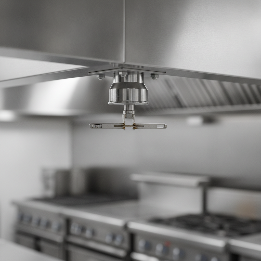 Close-up detail of an exhaust hood fire suppression nozzle and fusible link assembly under a stainless hood, illustrating how wet chemical discharges in an exhaust hood fire suppression system
