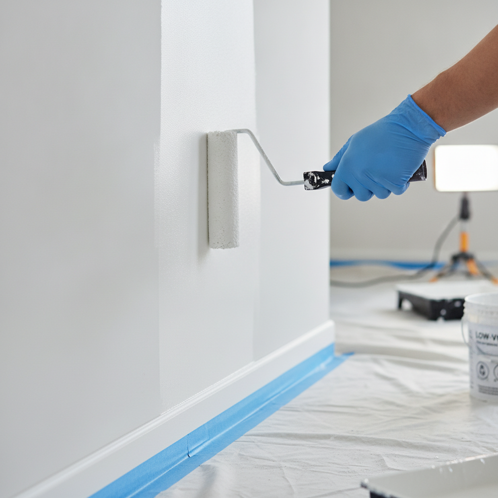 Close-up of office refurbishment painting with low-VOC white paint applied with roller, crisp edges and masked trim for commercial renovation quality