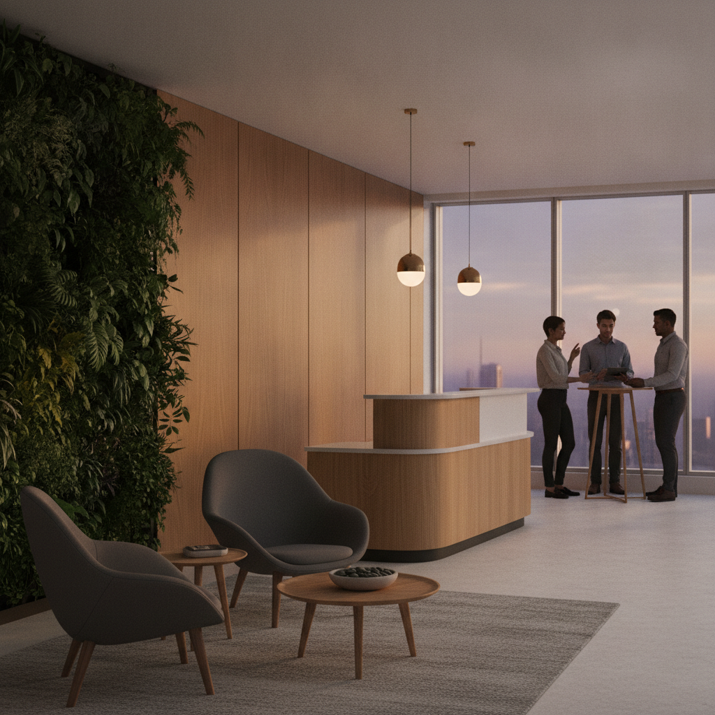 Freshly renovated office reception with greenery wall, warm wood accents, ergonomic seating, and LED accent lighting for a modern commercial renovation