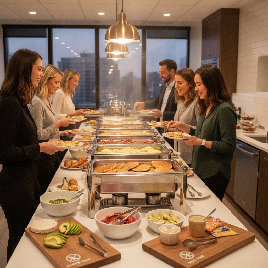Buffet-style office catering setup with colleagues serving themselves in a Toronto workspace