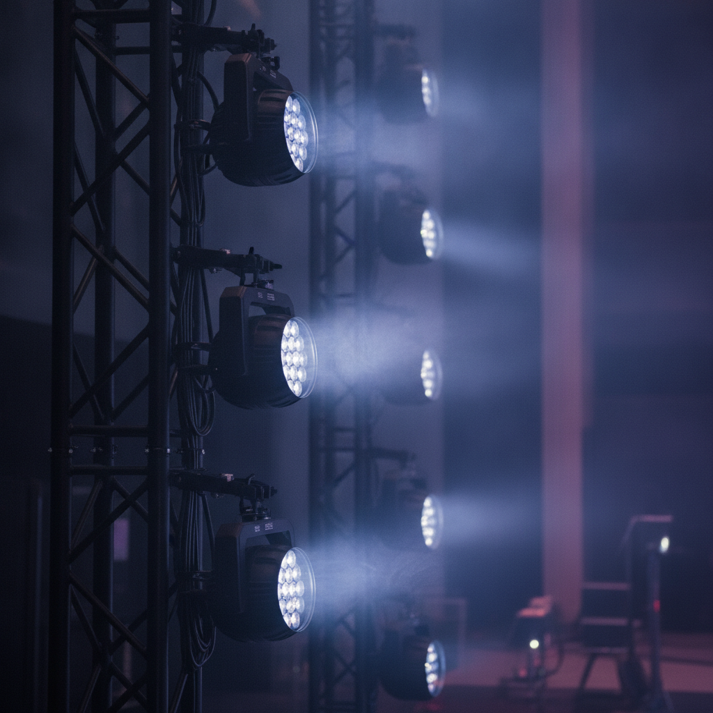 Close-up of professional stage lighting rig for gala dinner staging with moving head fixtures and DMX truss at Mississauga Convention Centre